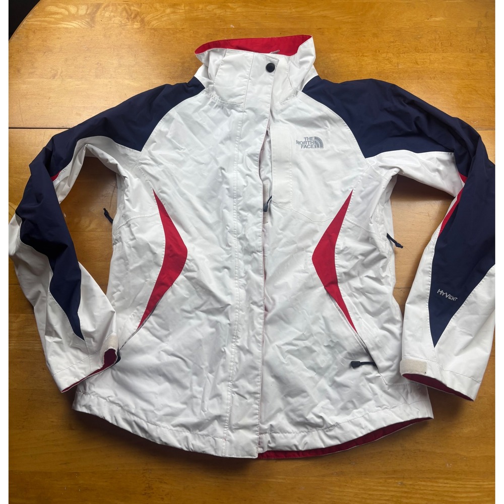 The North Face HyVent Ski Jacket Womens Small White Navy Red Colorblock Shell